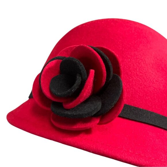 Red Wool & Felt Cloche Hat With Black Band & Floral Accent main image 4